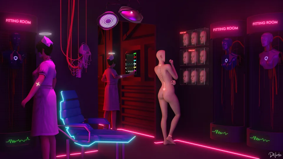 A neon magenta cyberpunk fitting room with robotic bodies and faces on display
