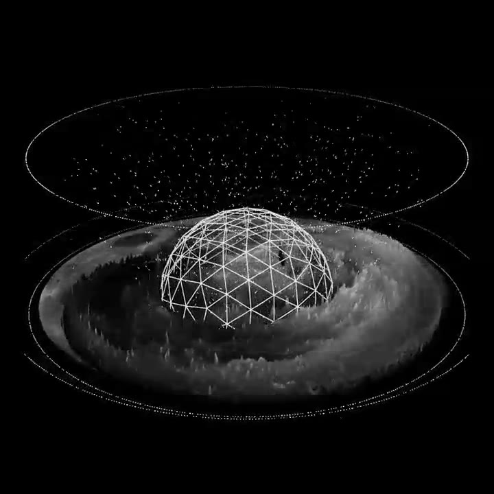 Monochrome generative terrain orbits a wireframe sphere beneath a ring of particles