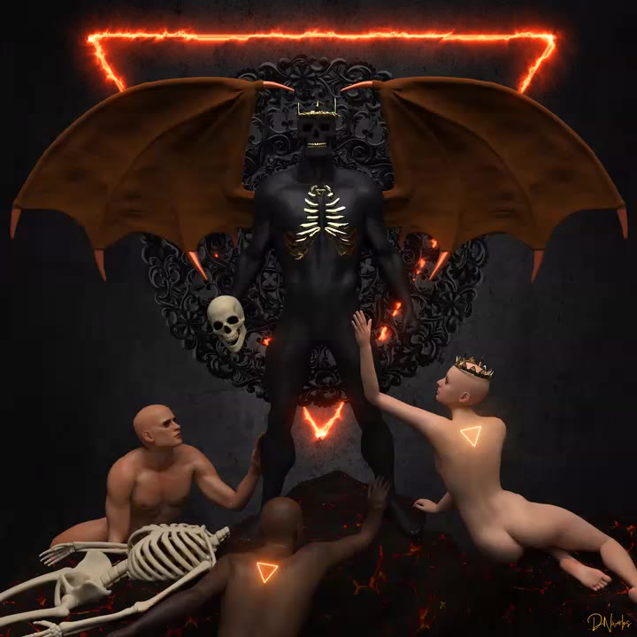 A winged supernatural figure above a surreal sculptural scene