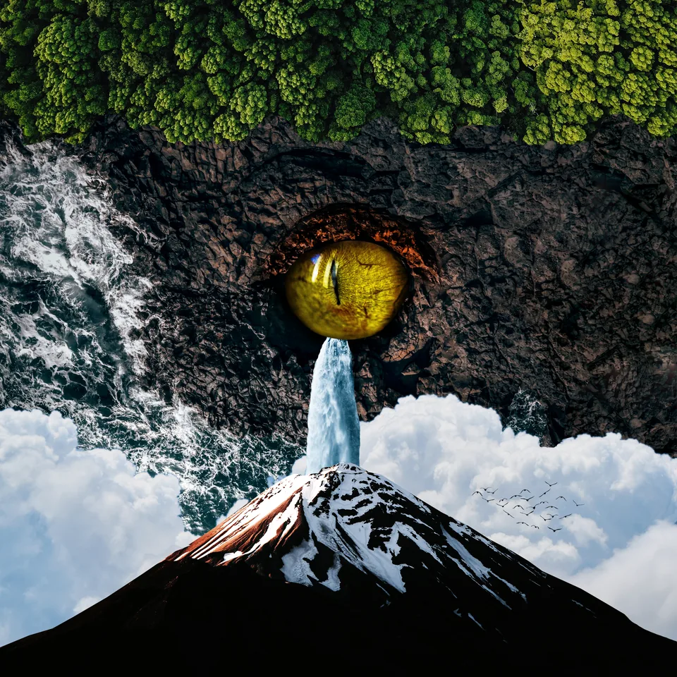 A vast golden eye in a rocky forest landscape, crying a waterfall above a mountain